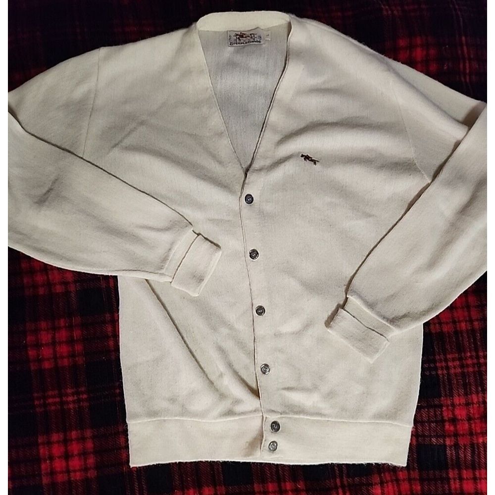 Vintage Steeple Chase Tan V Neck Orlon Cardigan Sweater‎ Made In USA Men's Large
